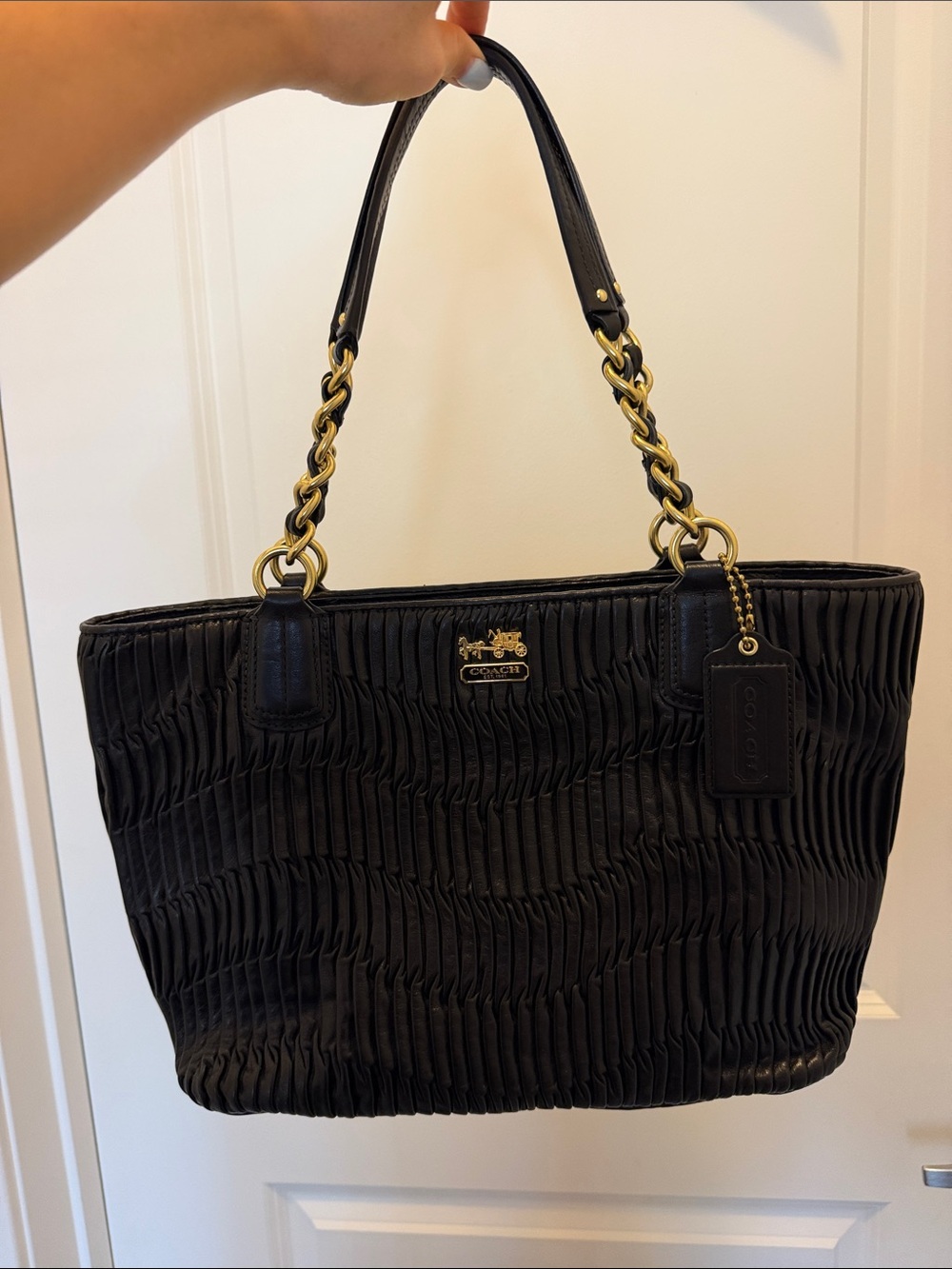 Coach Black Quilted Leather Tote with Chain-Accent Straps